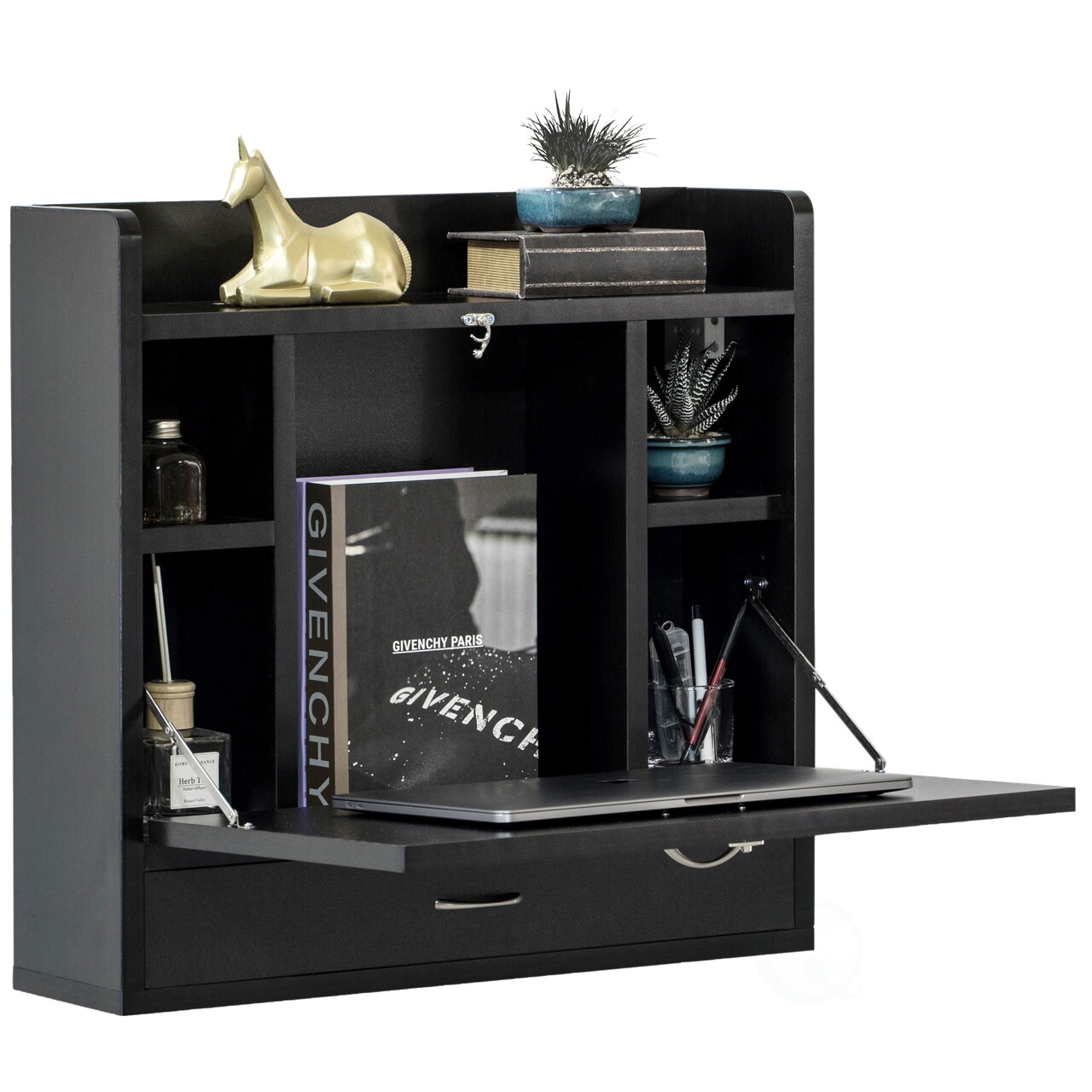 Wall Mount Folding Laptop Writing Computer or Makeup Desk with Storage Shelves and Drawer